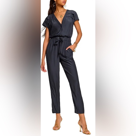 Ramy Brook Pants - Ramy Brook ALETHA Midnight navy Blue silky short sleeve Jumpsuit NWT MEDIUM